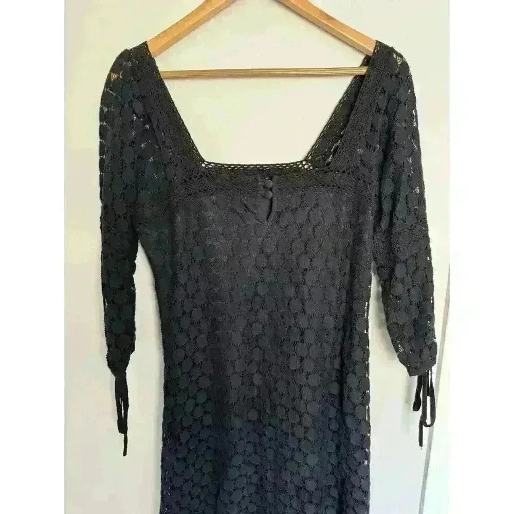 EUC Solitaire Women's Black Lace Square Neck 3/4 Sleeve Pull Over Dress Size M - Picture 5 of 11
